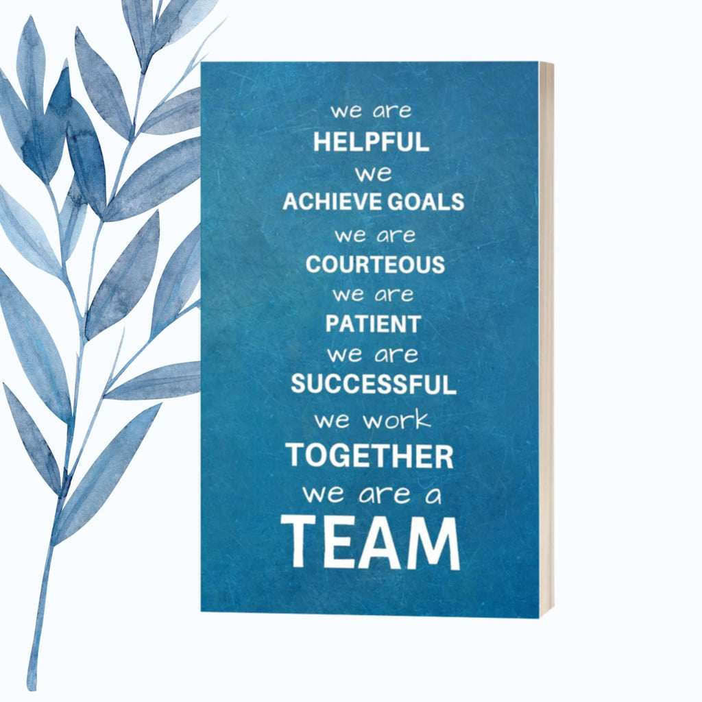 Motivational notebook design for celebrating teamwork, collaboration, and unity in the workplace.