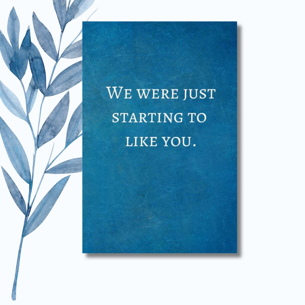 A notebook featuring the humorous phrase "We Were Just Starting to Like You" on a sleek, glossy cover.